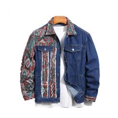 2 Pcs Autumn Vintage Ethnic Style Patchwork Denim Jacket With Different Sleeve Stitching Wrap for Men