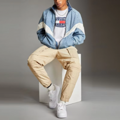 Stand Up Collar Men Baggy With White V Shape Panel Blue Cotton Track Denim Jacket